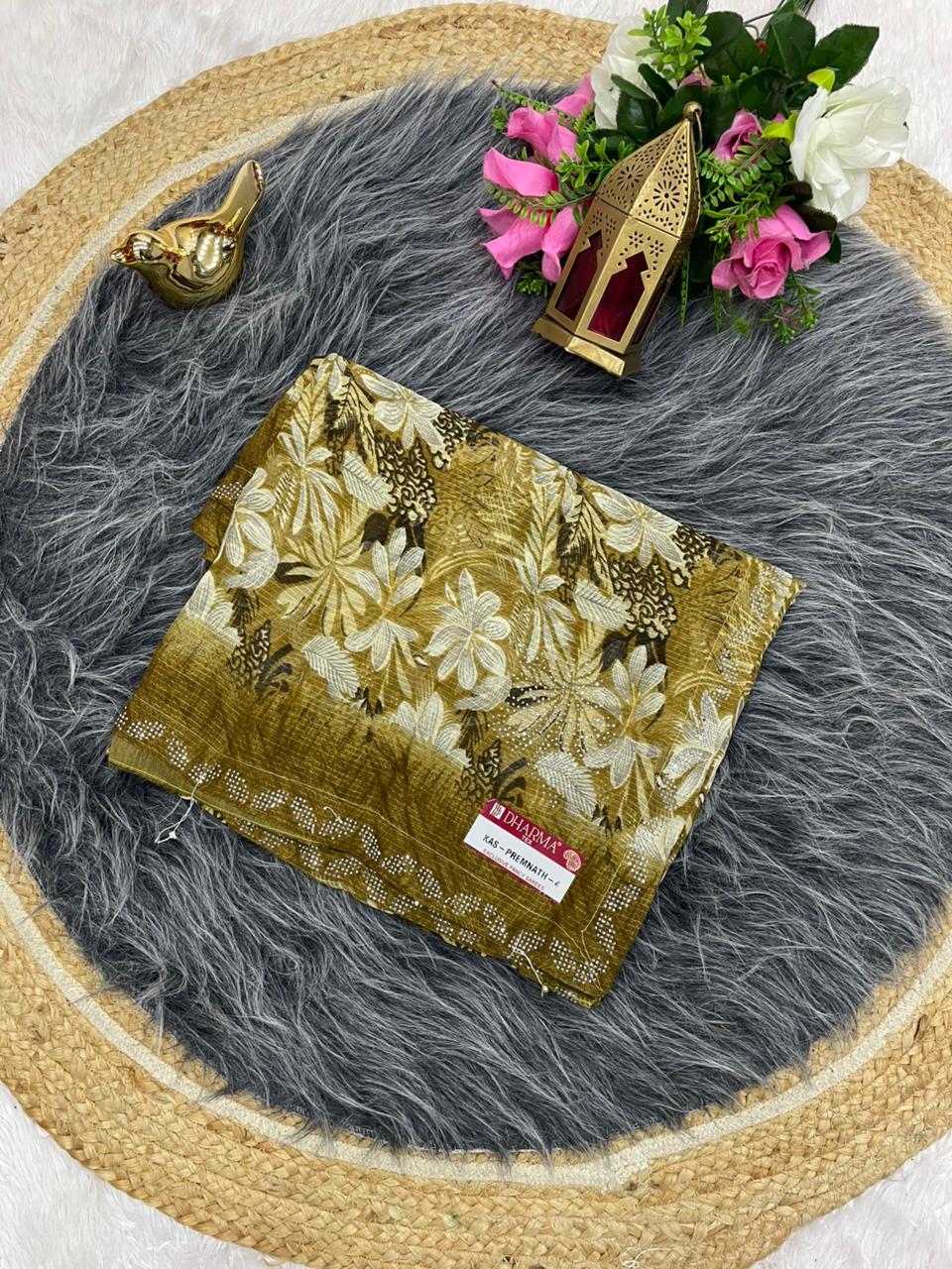 KAS-PREMNATH-4 PURE WHITE CAT FABRIC SAREE WITH BEAUTIFULL FLOWER PRINT DESOGN WITH DMC SIROSKI WORK WITH BLOUSE
