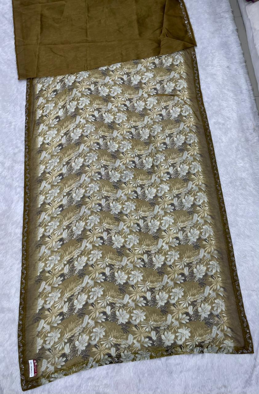 KAS-PREMNATH-4 PURE WHITE CAT FABRIC SAREE WITH BEAUTIFULL FLOWER PRINT DESOGN WITH DMC SIROSKI WORK WITH BLOUSE