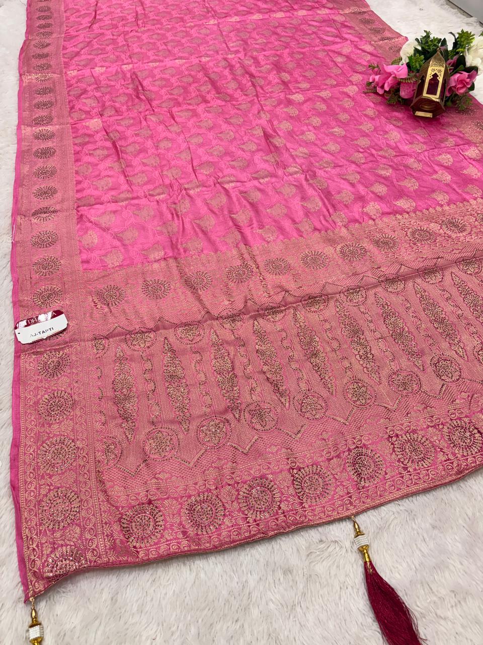 AJ-TAPTI SATIN FABRIC SAREE WITH HEAVY DM SIROSKI WORK WITH  BEAUTIFUL DEISGN WITH PESTAL MATCHING COLOUR WITH TASSELS