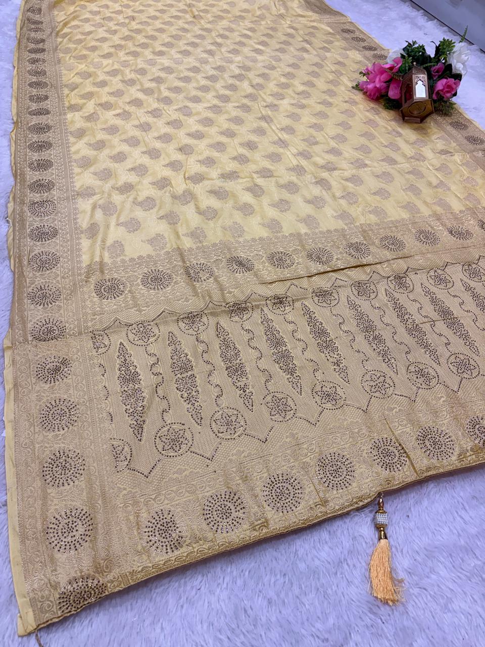 AJ-TAPTI SATIN FABRIC SAREE WITH HEAVY DM SIROSKI WORK WITH  BEAUTIFUL DEISGN WITH PESTAL MATCHING COLOUR WITH TASSELS