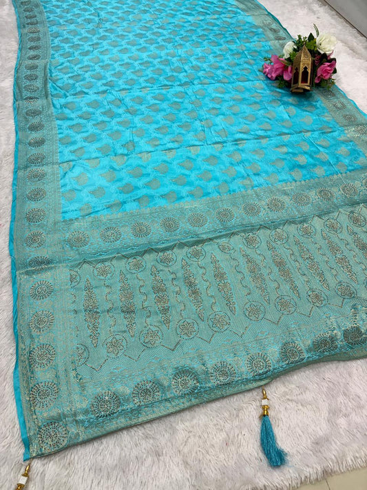 AJ-TAPTI SATIN FABRIC SAREE WITH HEAVY DM SIROSKI WORK WITH  BEAUTIFUL DEISGN WITH PESTAL MATCHING COLOUR WITH TASSELS