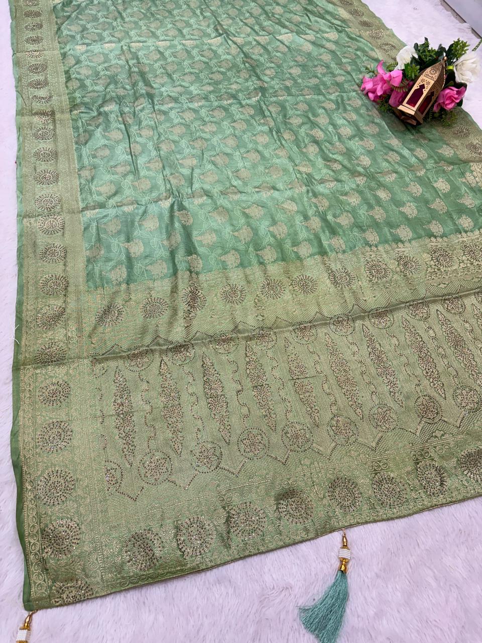 AJ-TAPTI SATIN FABRIC SAREE WITH HEAVY DM SIROSKI WORK WITH  BEAUTIFUL DEISGN WITH PESTAL MATCHING COLOUR WITH TASSELS