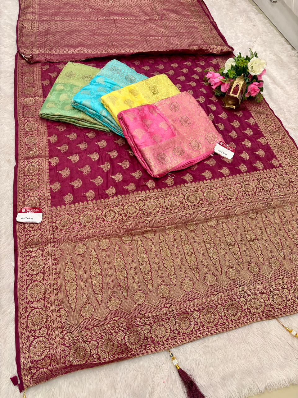 AJ-TAPTI SATIN FABRIC SAREE WITH HEAVY DM SIROSKI WORK WITH  BEAUTIFUL DEISGN WITH PESTAL MATCHING COLOUR WITH TASSELS