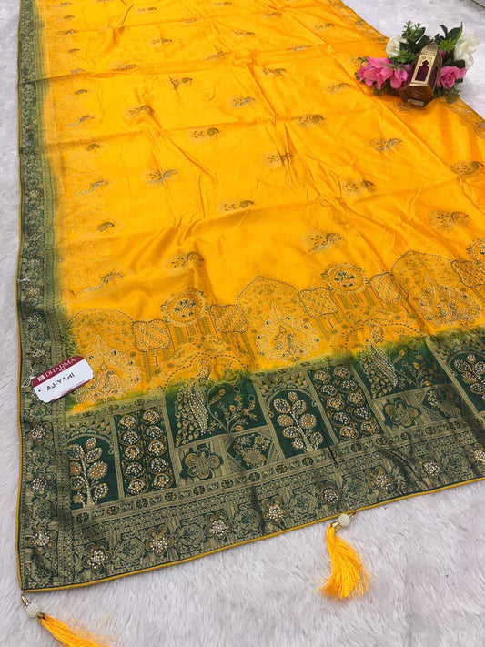 AJ-YARI EUROPIAN DOLA SILK SAREE SAREE WITH BEAUTIFUL DESIGN WITH DIAMOND WORK AND PEACOCK DEISGN WITH LUXURIOUS TASSELS AND BUTTI BLOUSE