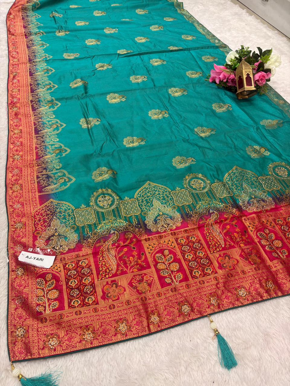 AJ-YARI EUROPIAN DOLA SILK SAREE SAREE WITH BEAUTIFUL DESIGN WITH DIAMOND WORK AND PEACOCK DEISGN WITH LUXURIOUS TASSELS AND BUTTI BLOUSE