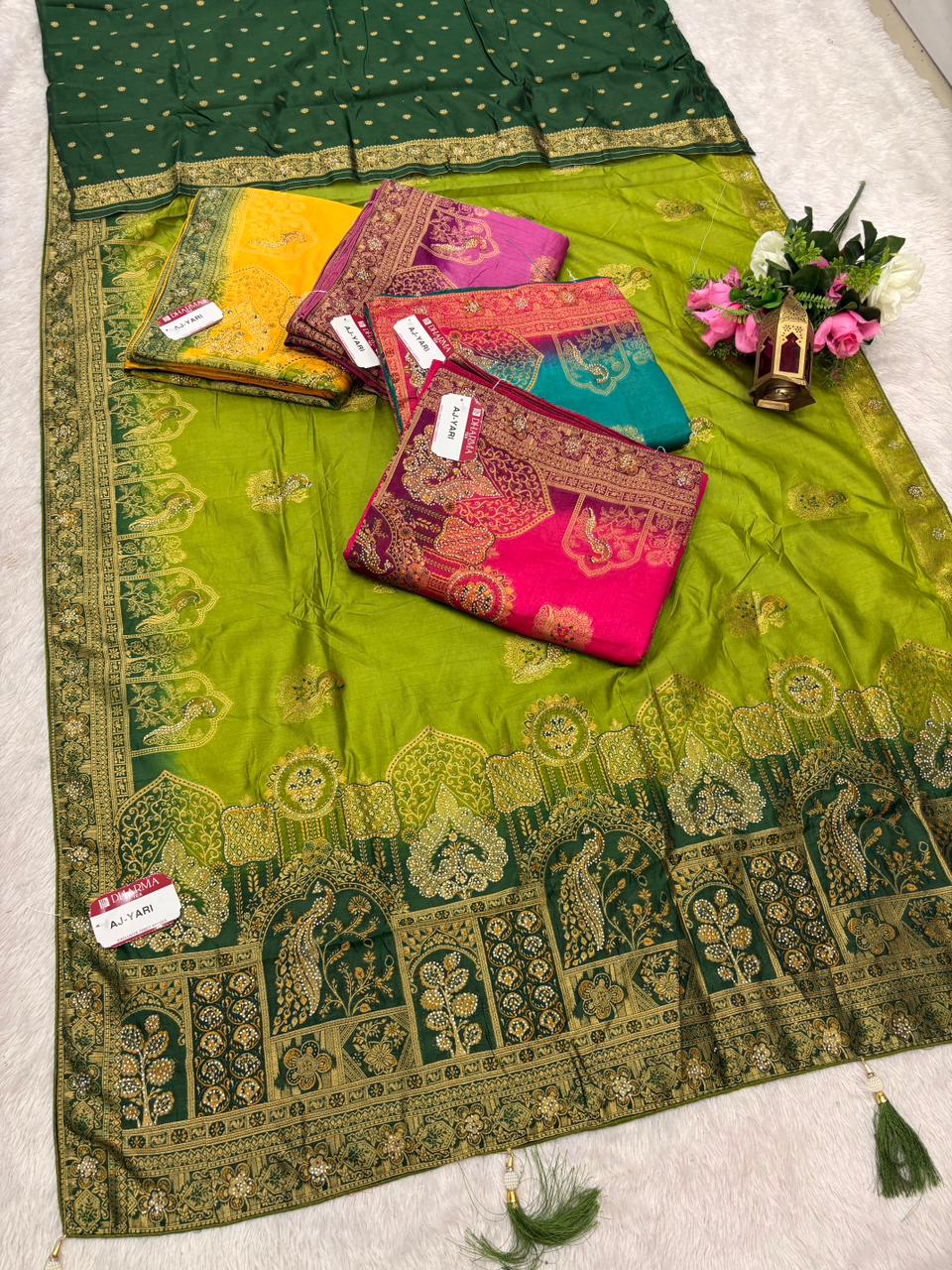 AJ-YARI EUROPIAN DOLA SILK SAREE SAREE WITH BEAUTIFUL DESIGN WITH DIAMOND WORK AND PEACOCK DEISGN WITH LUXURIOUS TASSELS AND BUTTI BLOUSE