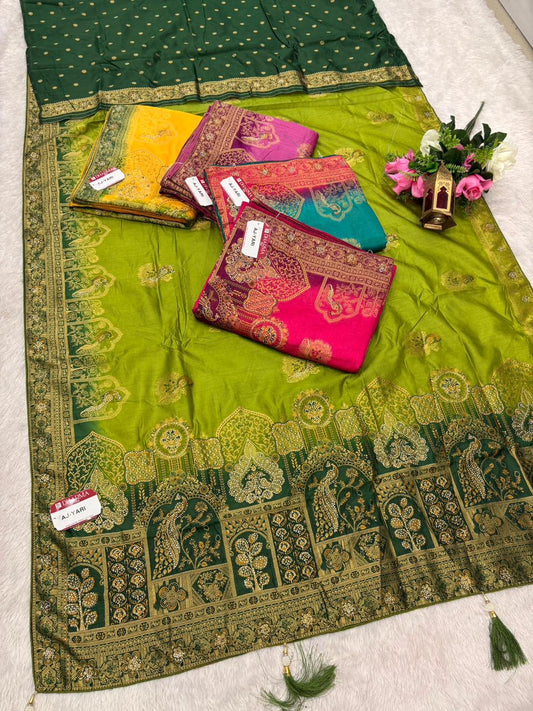 AJ-YARI EUROPIAN DOLA SILK SAREE SAREE WITH BEAUTIFUL DESIGN WITH DIAMOND WORK AND PEACOCK DEISGN WITH LUXURIOUS TASSELS AND BUTTI BLOUSE