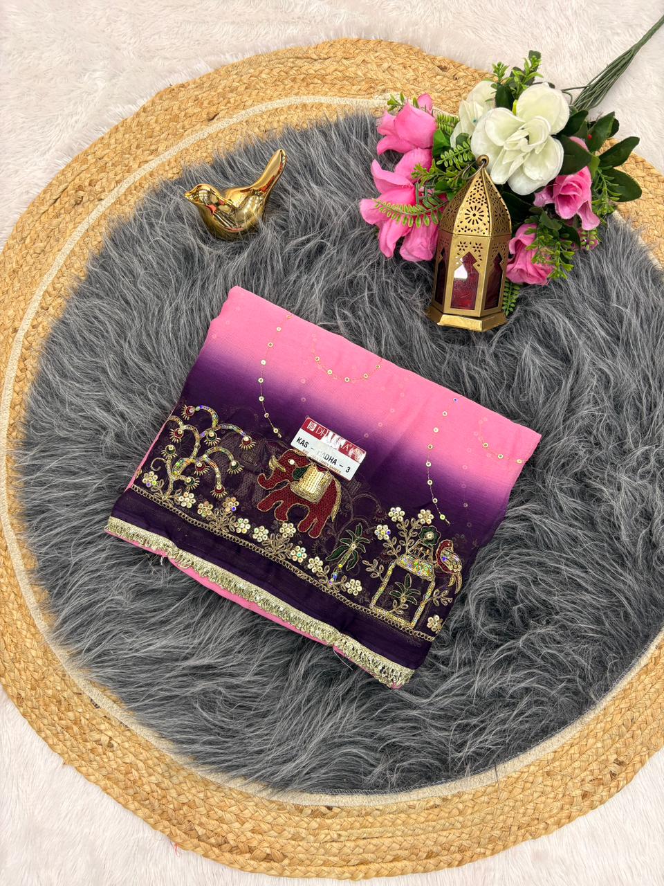 KAS-RADHA-3  CHINON FABRIC SAREE WITH SHADED COLOUR WITH BEAUTIFUL EMBROIDERY WORK WITH THREAD WORK AND SEQUENCE WORK WITH BLOUSE