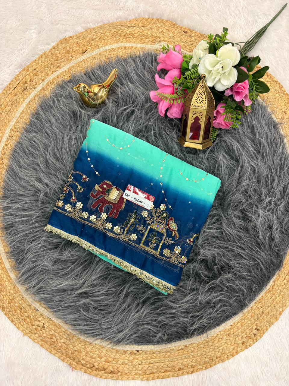 KAS-RADHA-3  CHINON FABRIC SAREE WITH SHADED COLOUR WITH BEAUTIFUL EMBROIDERY WORK WITH THREAD WORK AND SEQUENCE WORK WITH BLOUSE