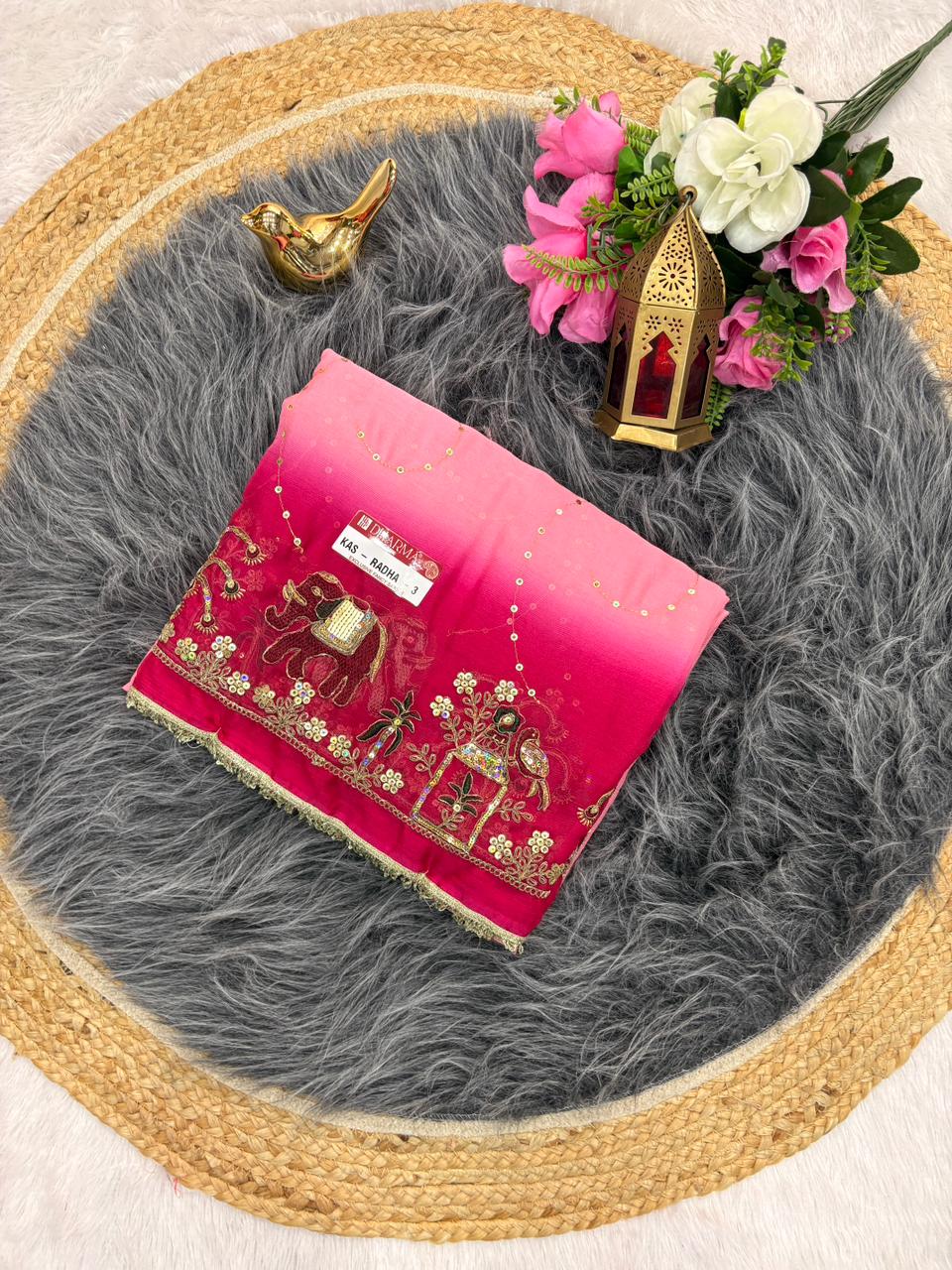 KAS-RADHA-3  CHINON FABRIC SAREE WITH SHADED COLOUR WITH BEAUTIFUL EMBROIDERY WORK WITH THREAD WORK AND SEQUENCE WORK WITH BLOUSE