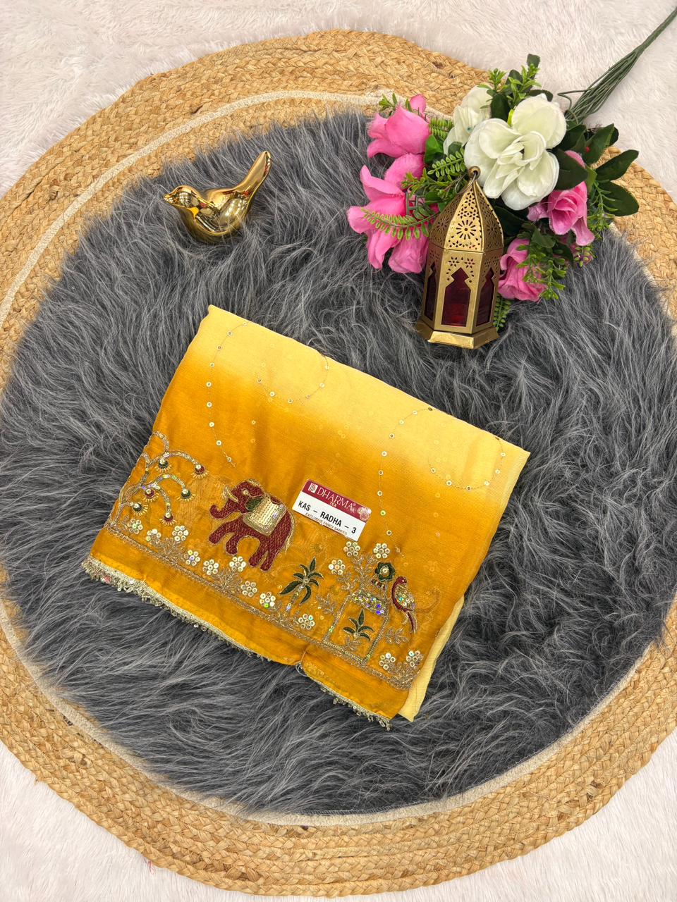 KAS-RADHA-3  CHINON FABRIC SAREE WITH SHADED COLOUR WITH BEAUTIFUL EMBROIDERY WORK WITH THREAD WORK AND SEQUENCE WORK WITH BLOUSE