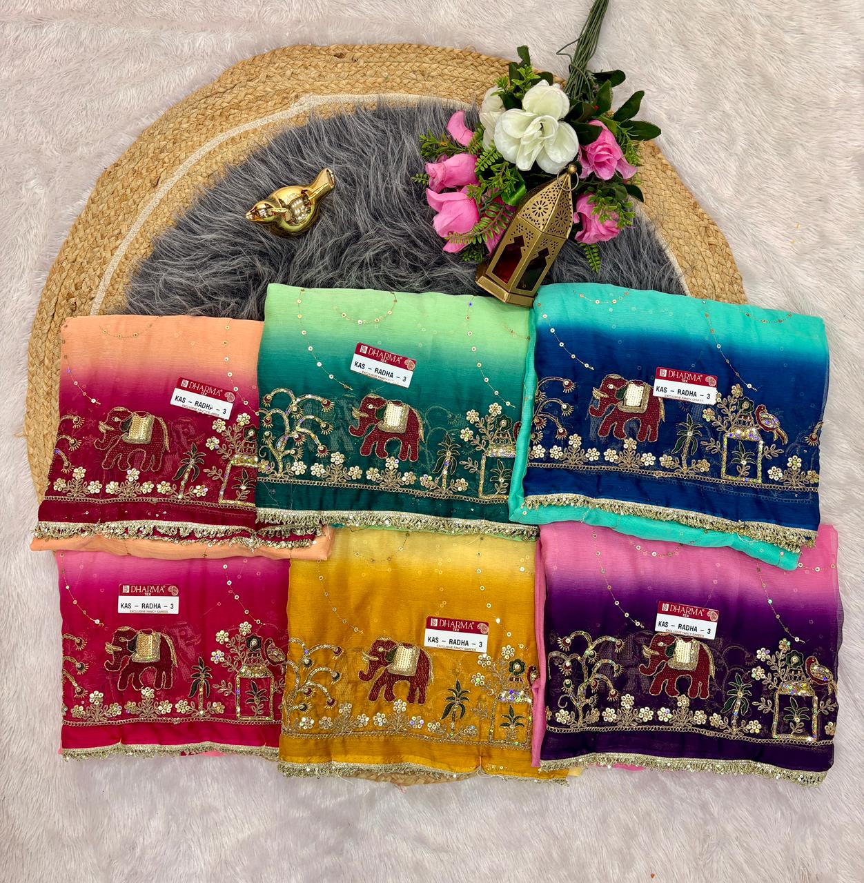 KAS-RADHA-3  CHINON FABRIC SAREE WITH SHADED COLOUR WITH BEAUTIFUL EMBROIDERY WORK WITH THREAD WORK AND SEQUENCE WORK WITH BLOUSE