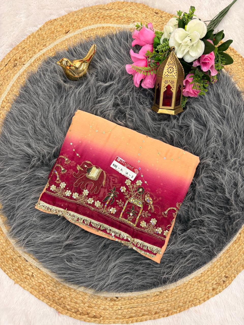 KAS-RADHA-3  CHINON FABRIC SAREE WITH SHADED COLOUR WITH BEAUTIFUL EMBROIDERY WORK WITH THREAD WORK AND SEQUENCE WORK WITH BLOUSE