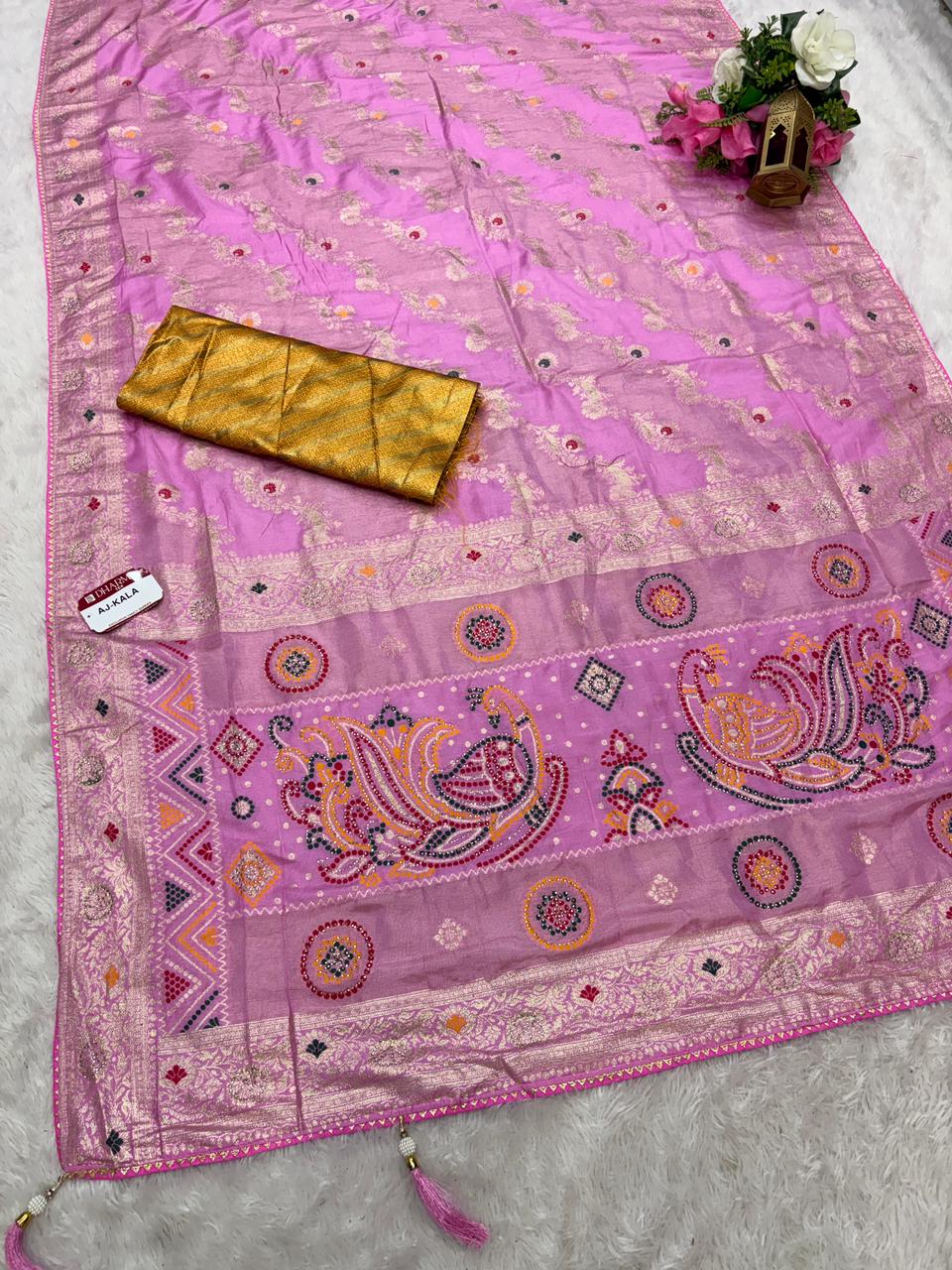 AJ-KALA D DOLA SILK SAREE WITH DIAMOND WORK WITH BEAUTIFUL PEACOCK DESIGN WITH MEENKARI WORK LUXURIOUS TASSELS