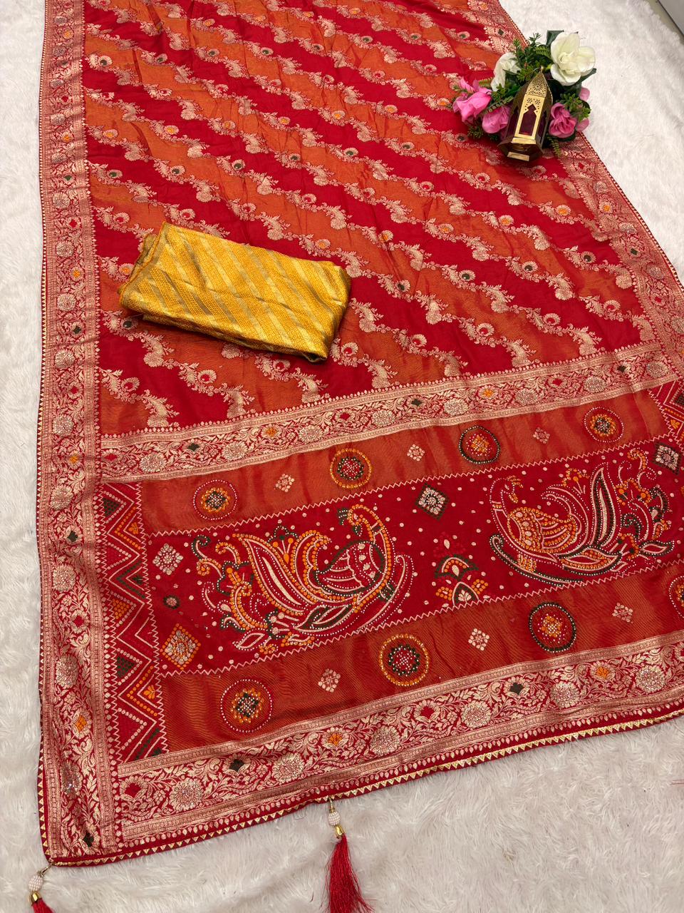 AJ-KALA D DOLA SILK SAREE WITH DIAMOND WORK WITH BEAUTIFUL PEACOCK DESIGN WITH MEENKARI WORK LUXURIOUS TASSELS
