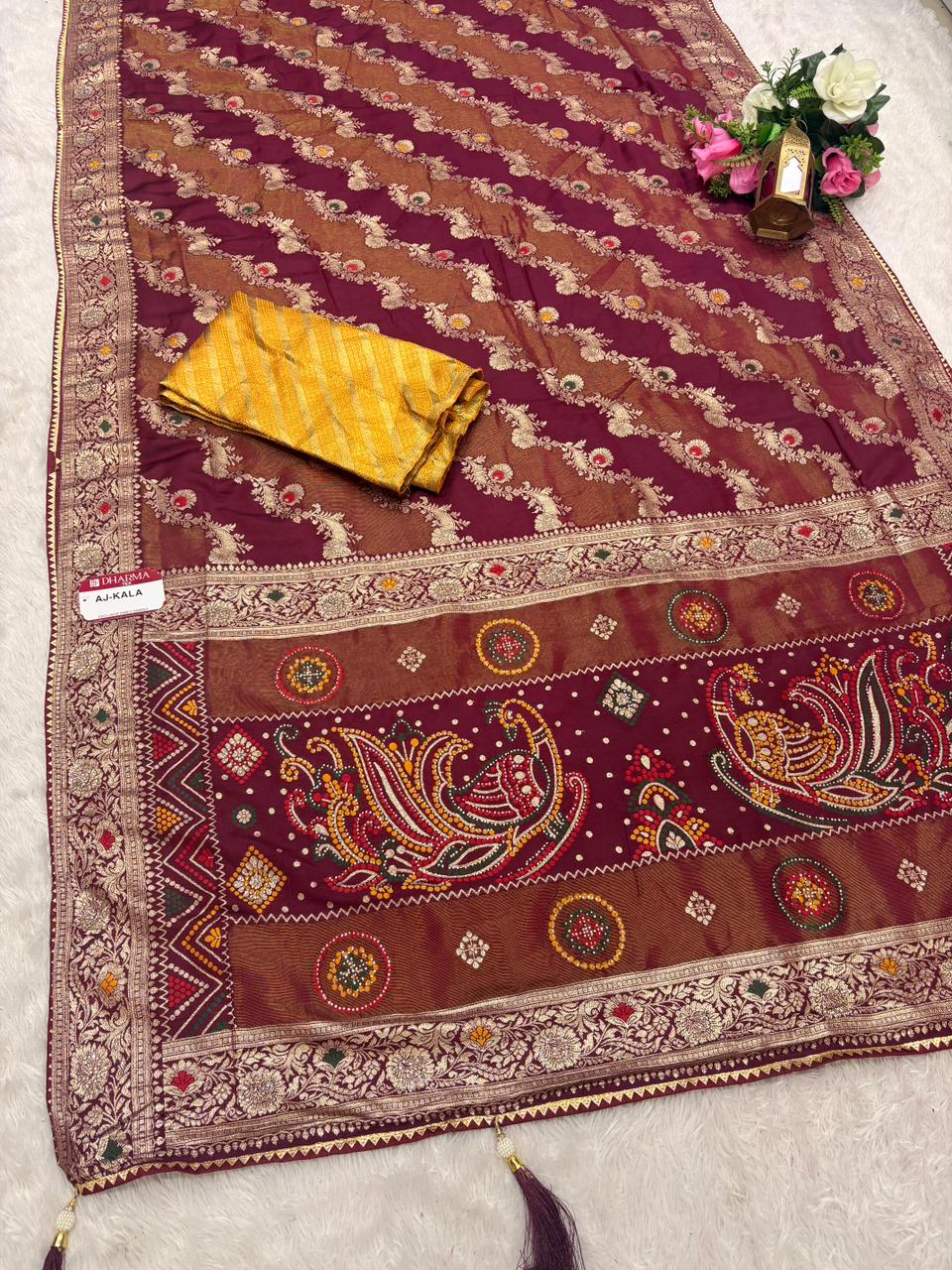 AJ-KALA D DOLA SILK SAREE WITH DIAMOND WORK WITH BEAUTIFUL PEACOCK DESIGN WITH MEENKARI WORK LUXURIOUS TASSELS