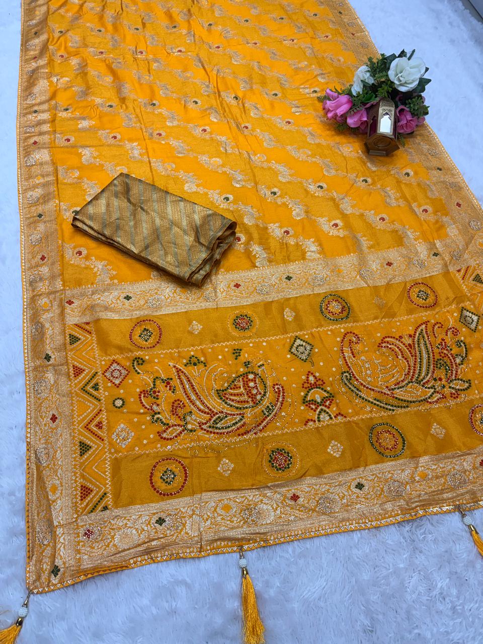 AJ-KALA D DOLA SILK SAREE WITH DIAMOND WORK WITH BEAUTIFUL PEACOCK DESIGN WITH MEENKARI WORK LUXURIOUS TASSELS