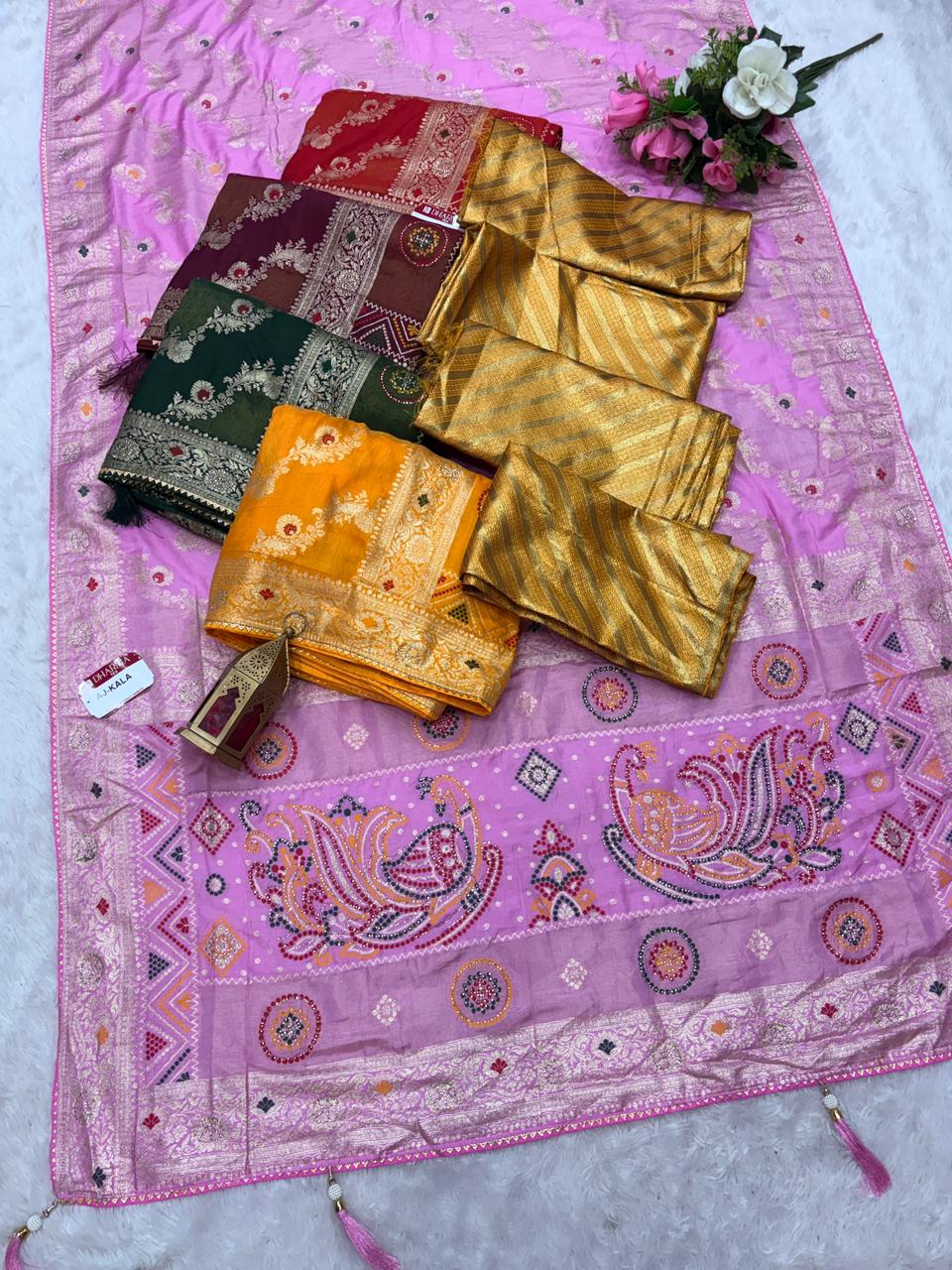 AJ-KALA D DOLA SILK SAREE WITH DIAMOND WORK WITH BEAUTIFUL PEACOCK DESIGN WITH MEENKARI WORK LUXURIOUS TASSELS