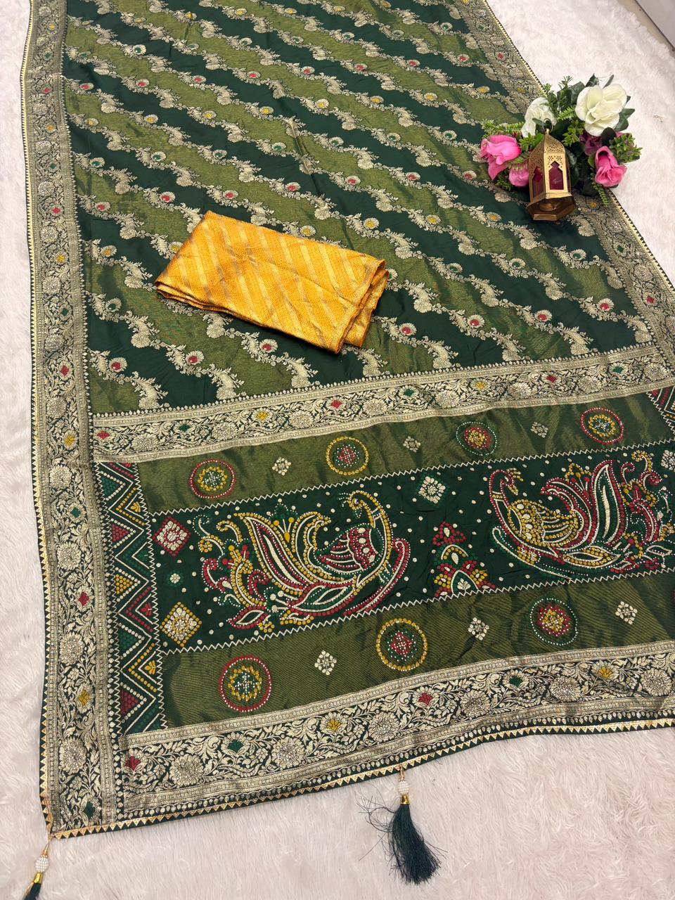 AJ-KALA D DOLA SILK SAREE WITH DIAMOND WORK WITH BEAUTIFUL PEACOCK DESIGN WITH MEENKARI WORK LUXURIOUS TASSELS