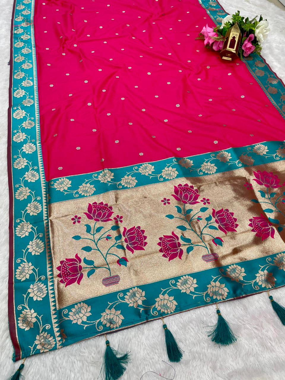 AJ-EKTA SOFT SILK FABRIC SAREE WITH BEAUTIFUL PAITHANI DESIGN WITH BEAUTIFUL FLOWER PRINT ON PALLU WITH BUTTI BLOUSE