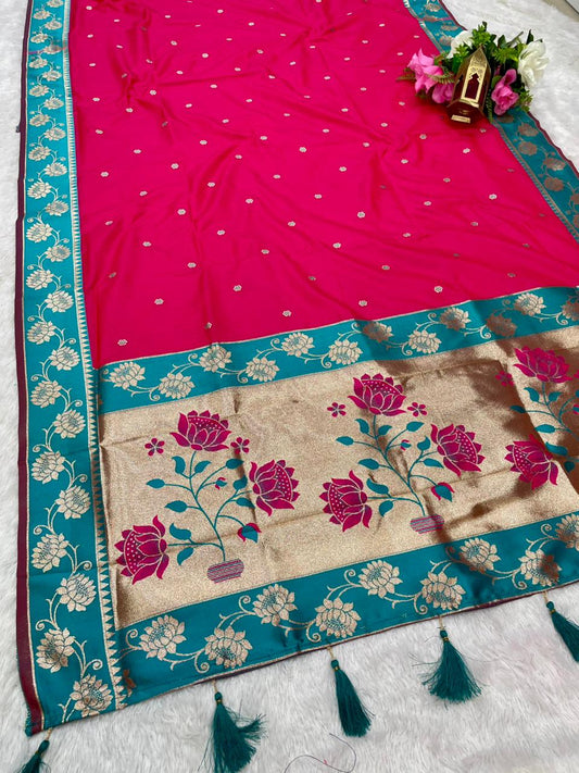 AJ-EKTA SOFT SILK FABRIC SAREE WITH BEAUTIFUL PAITHANI DESIGN WITH BEAUTIFUL FLOWER PRINT ON PALLU WITH BUTTI BLOUSE
