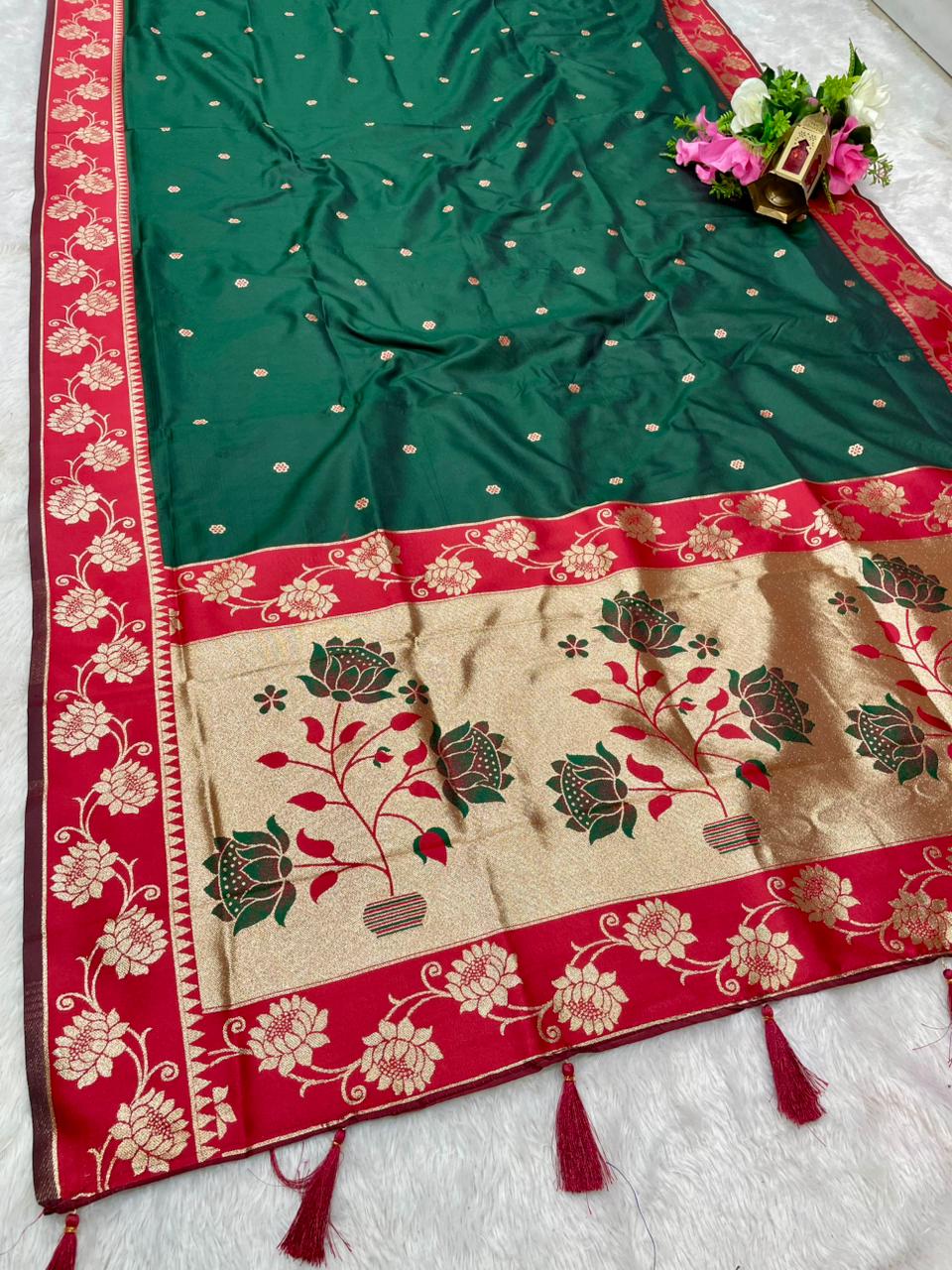 AJ-EKTA SOFT SILK FABRIC SAREE WITH BEAUTIFUL PAITHANI DESIGN WITH BEAUTIFUL FLOWER PRINT ON PALLU WITH BUTTI BLOUSE