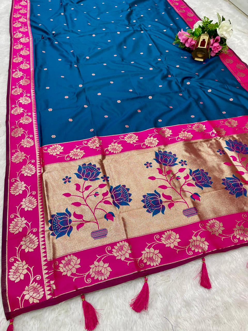 AJ-EKTA SOFT SILK FABRIC SAREE WITH BEAUTIFUL PAITHANI DESIGN WITH BEAUTIFUL FLOWER PRINT ON PALLU WITH BUTTI BLOUSE