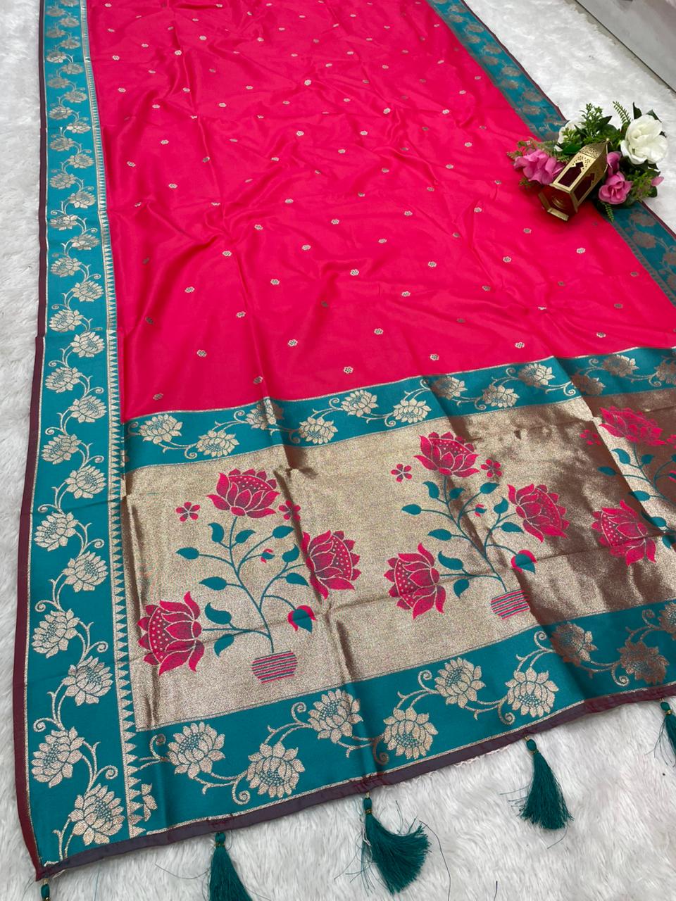 AJ-EKTA SOFT SILK FABRIC SAREE WITH BEAUTIFUL PAITHANI DESIGN WITH BEAUTIFUL FLOWER PRINT ON PALLU WITH BUTTI BLOUSE
