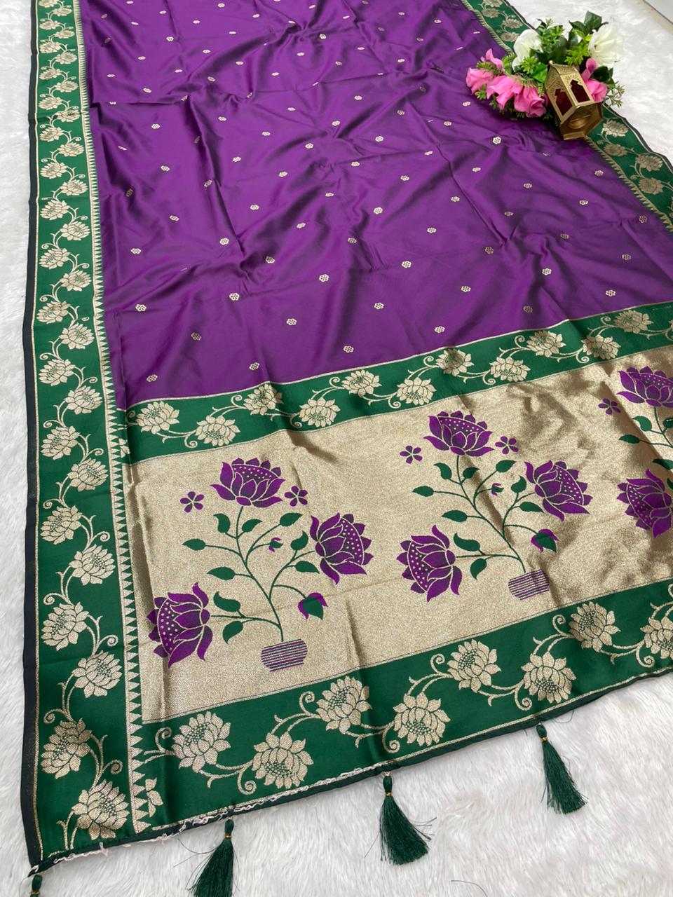 AJ-EKTA SOFT SILK FABRIC SAREE WITH BEAUTIFUL PAITHANI DESIGN WITH BEAUTIFUL FLOWER PRINT ON PALLU WITH BUTTI BLOUSE