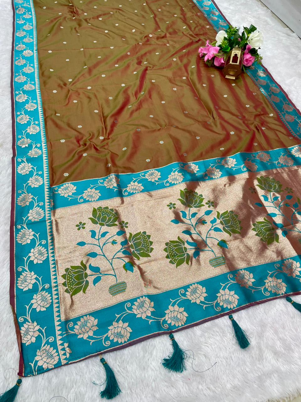 AJ-EKTA SOFT SILK FABRIC SAREE WITH BEAUTIFUL PAITHANI DESIGN WITH BEAUTIFUL FLOWER PRINT ON PALLU WITH BUTTI BLOUSE