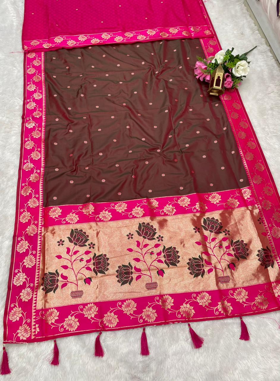 AJ-EKTA SOFT SILK FABRIC SAREE WITH BEAUTIFUL PAITHANI DESIGN WITH BEAUTIFUL FLOWER PRINT ON PALLU WITH BUTTI BLOUSE