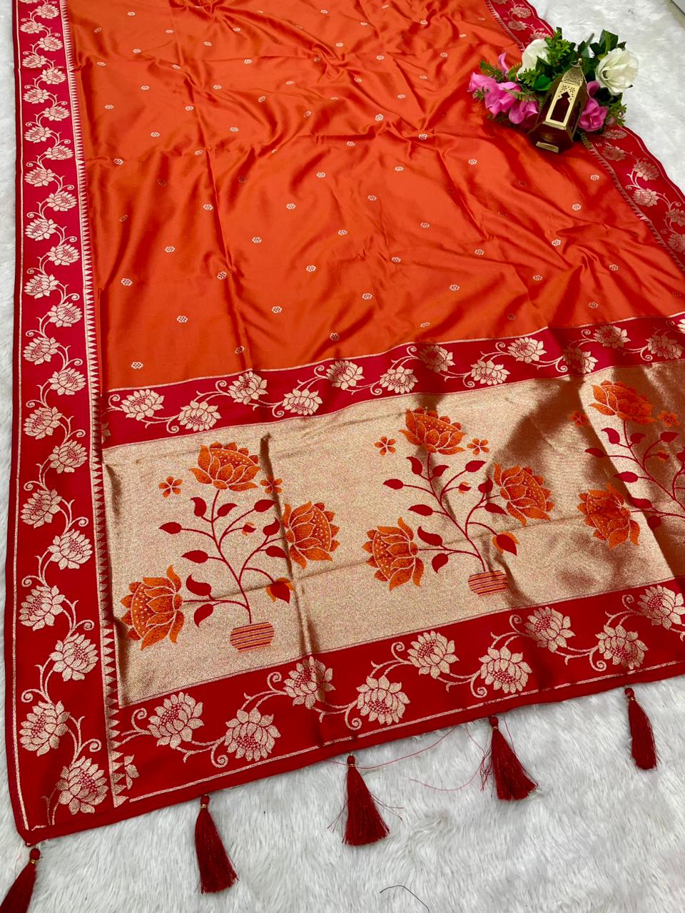 AJ-EKTA SOFT SILK FABRIC SAREE WITH BEAUTIFUL PAITHANI DESIGN WITH BEAUTIFUL FLOWER PRINT ON PALLU WITH BUTTI BLOUSE