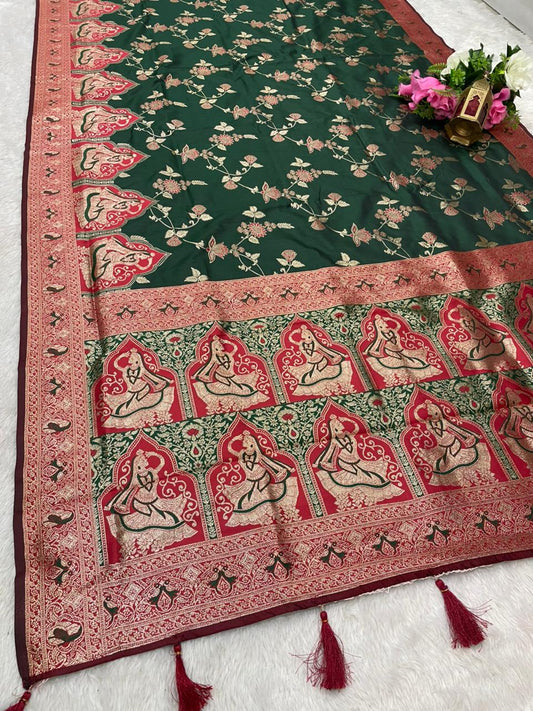 AJ-RANI SATI SOFT SILK FABRIC SAREE WITH BEAUTIFUL DESIGN WITH MEENAKARI WORK WITH BUTTI BLOUSE AND TASSELS