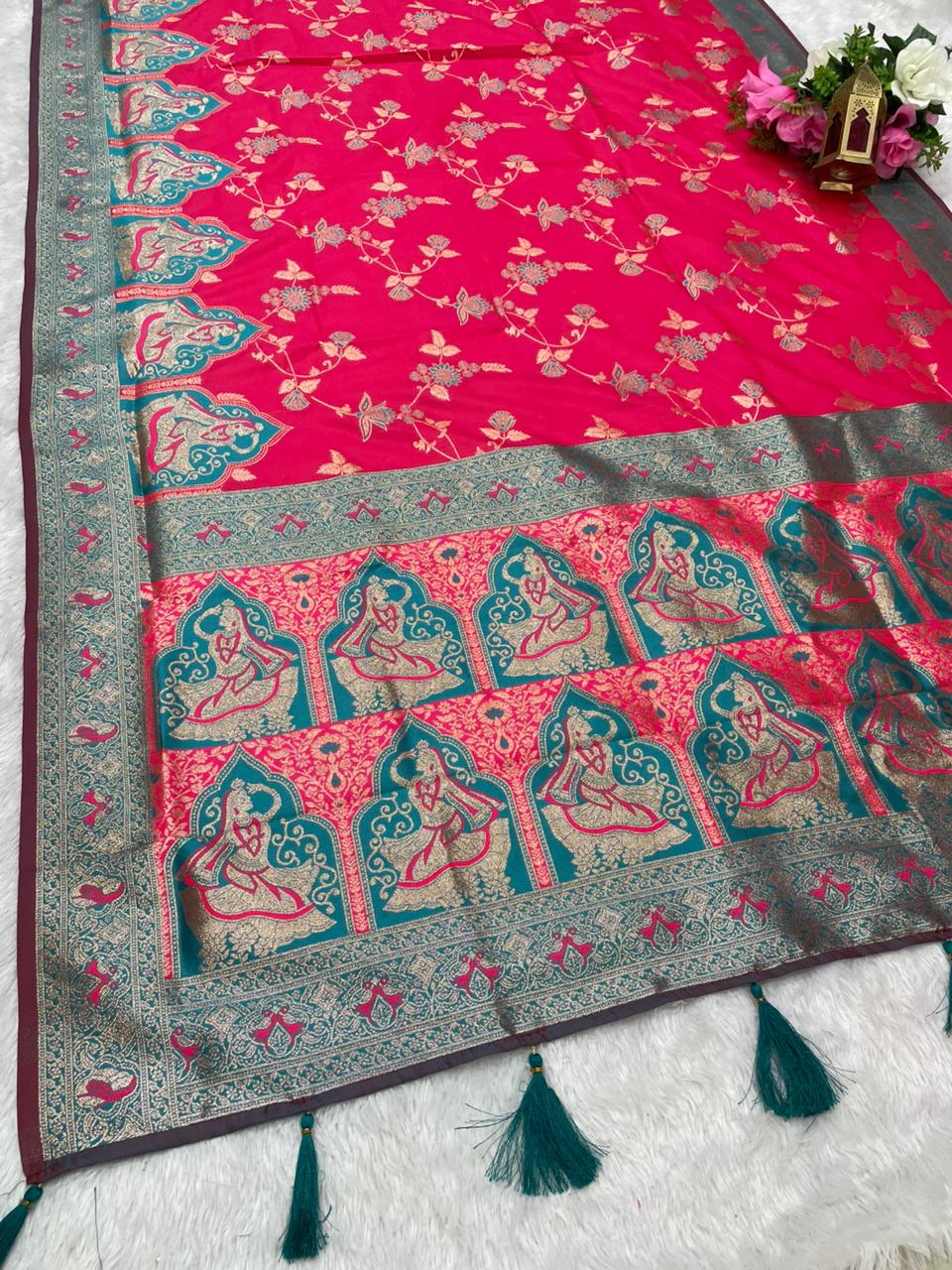 AJ-RANI SATI SOFT SILK FABRIC SAREE WITH BEAUTIFUL DESIGN WITH MEENAKARI WORK WITH BUTTI BLOUSE AND TASSELS