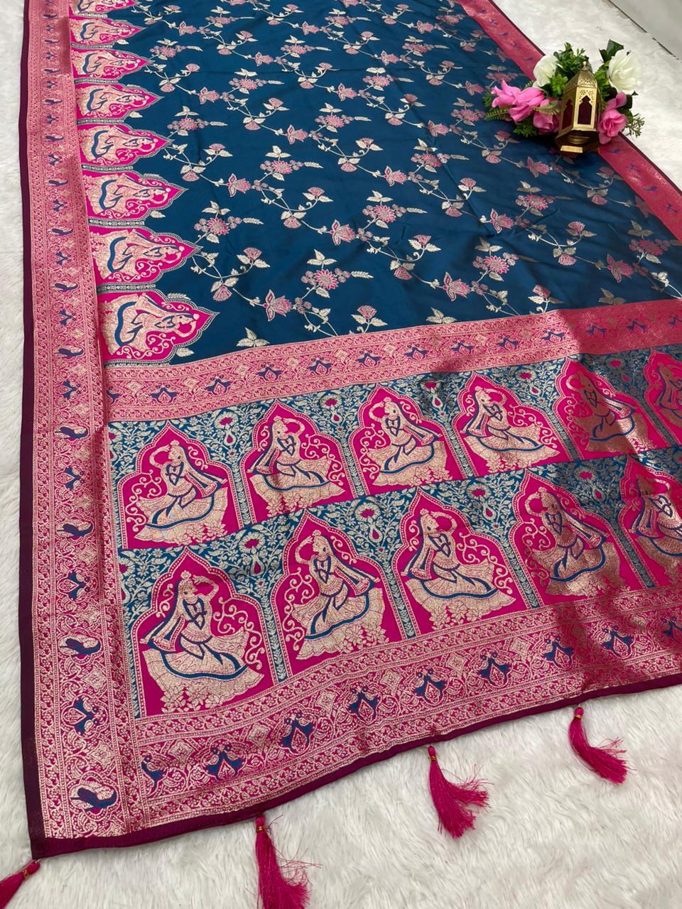 AJ-RANI SATI SOFT SILK FABRIC SAREE WITH BEAUTIFUL DESIGN WITH MEENAKARI WORK WITH BUTTI BLOUSE AND TASSELS