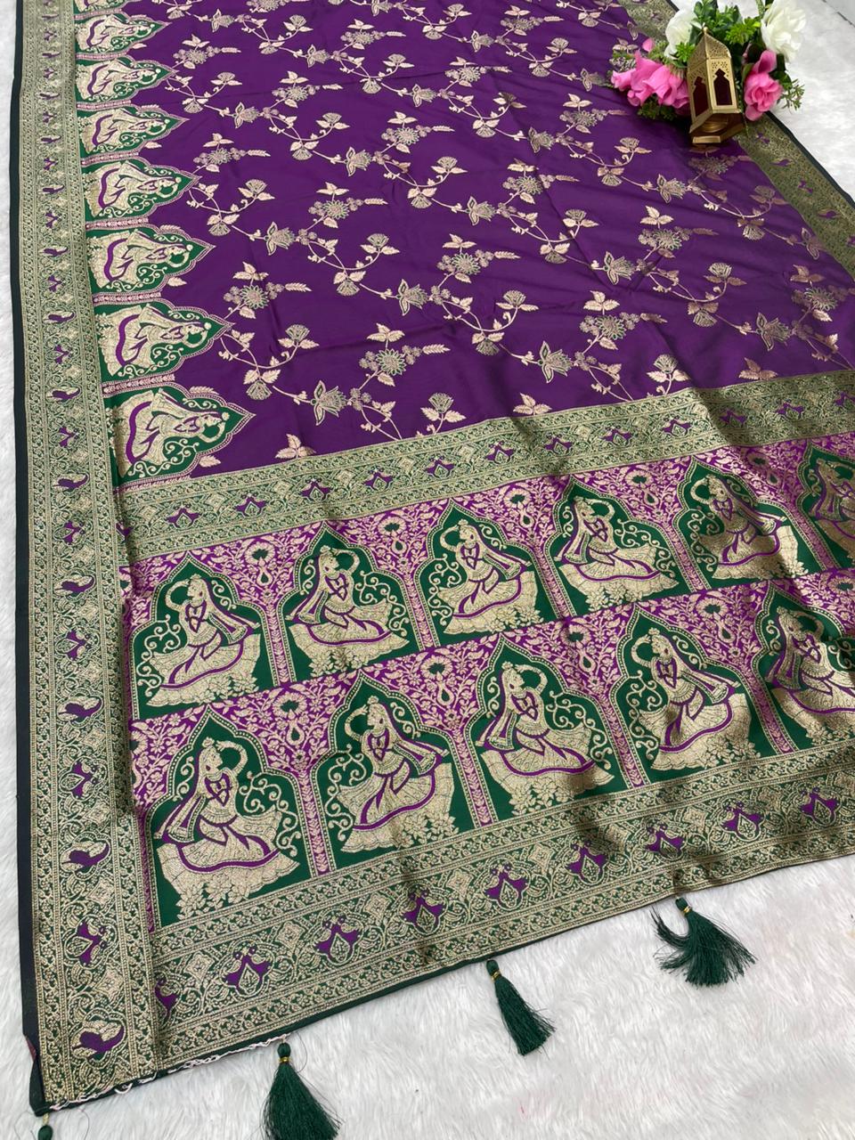 AJ-RANI SATI SOFT SILK FABRIC SAREE WITH BEAUTIFUL DESIGN WITH MEENAKARI WORK WITH BUTTI BLOUSE AND TASSELS