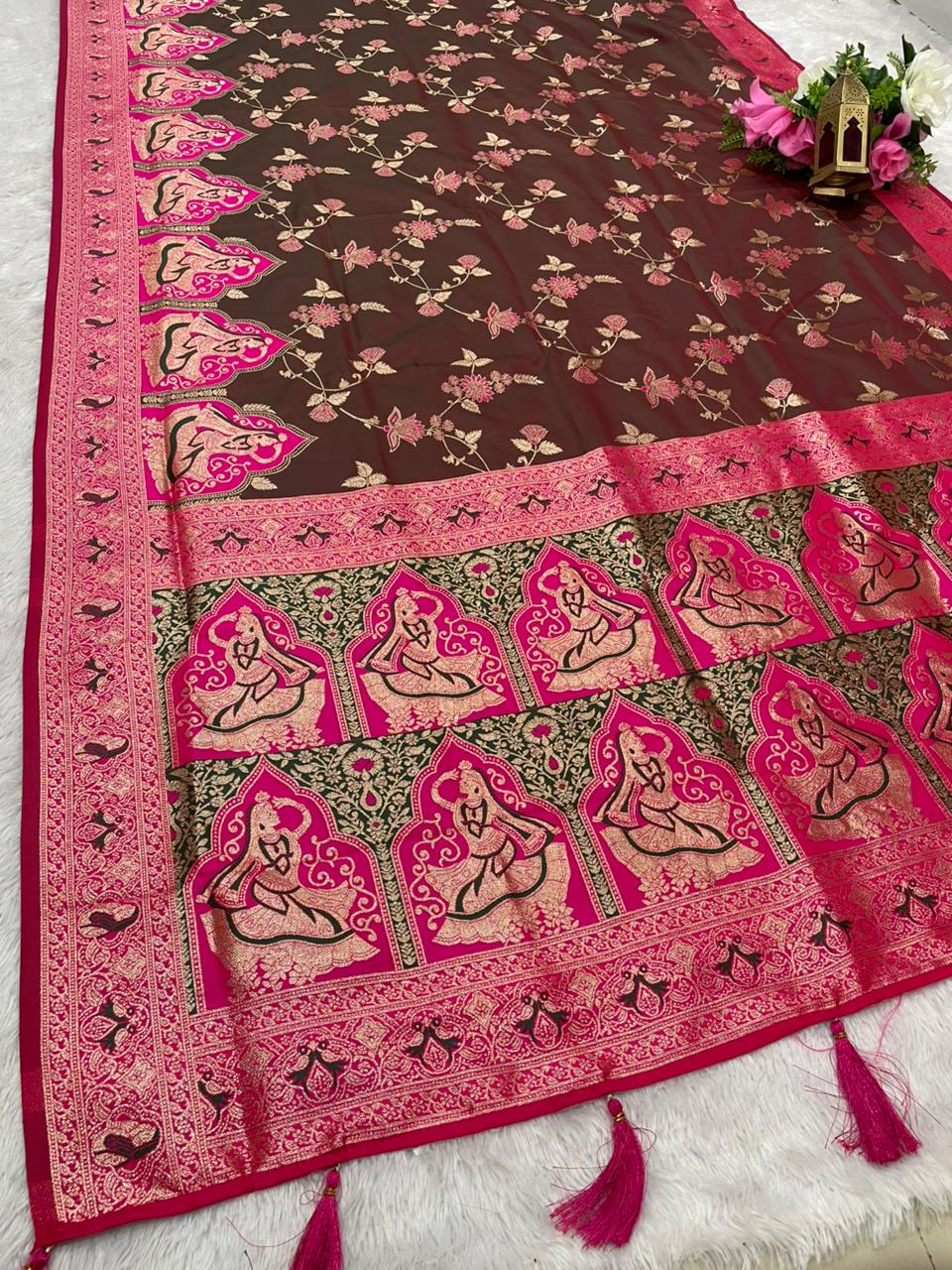 AJ-RANI SATI SOFT SILK FABRIC SAREE WITH BEAUTIFUL DESIGN WITH MEENAKARI WORK WITH BUTTI BLOUSE AND TASSELS