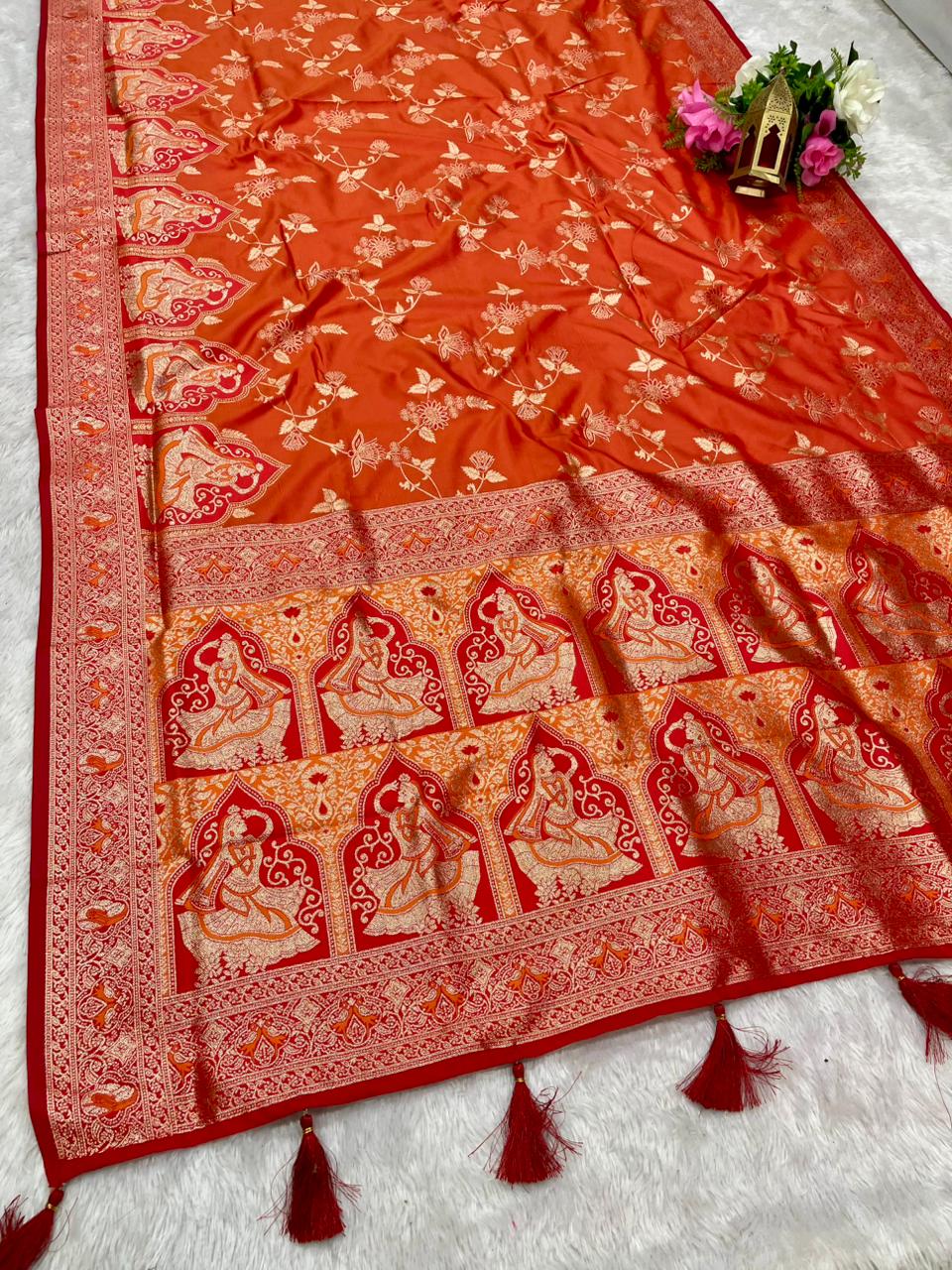 AJ-RANI SATI SOFT SILK FABRIC SAREE WITH BEAUTIFUL DESIGN WITH MEENAKARI WORK WITH BUTTI BLOUSE AND TASSELS