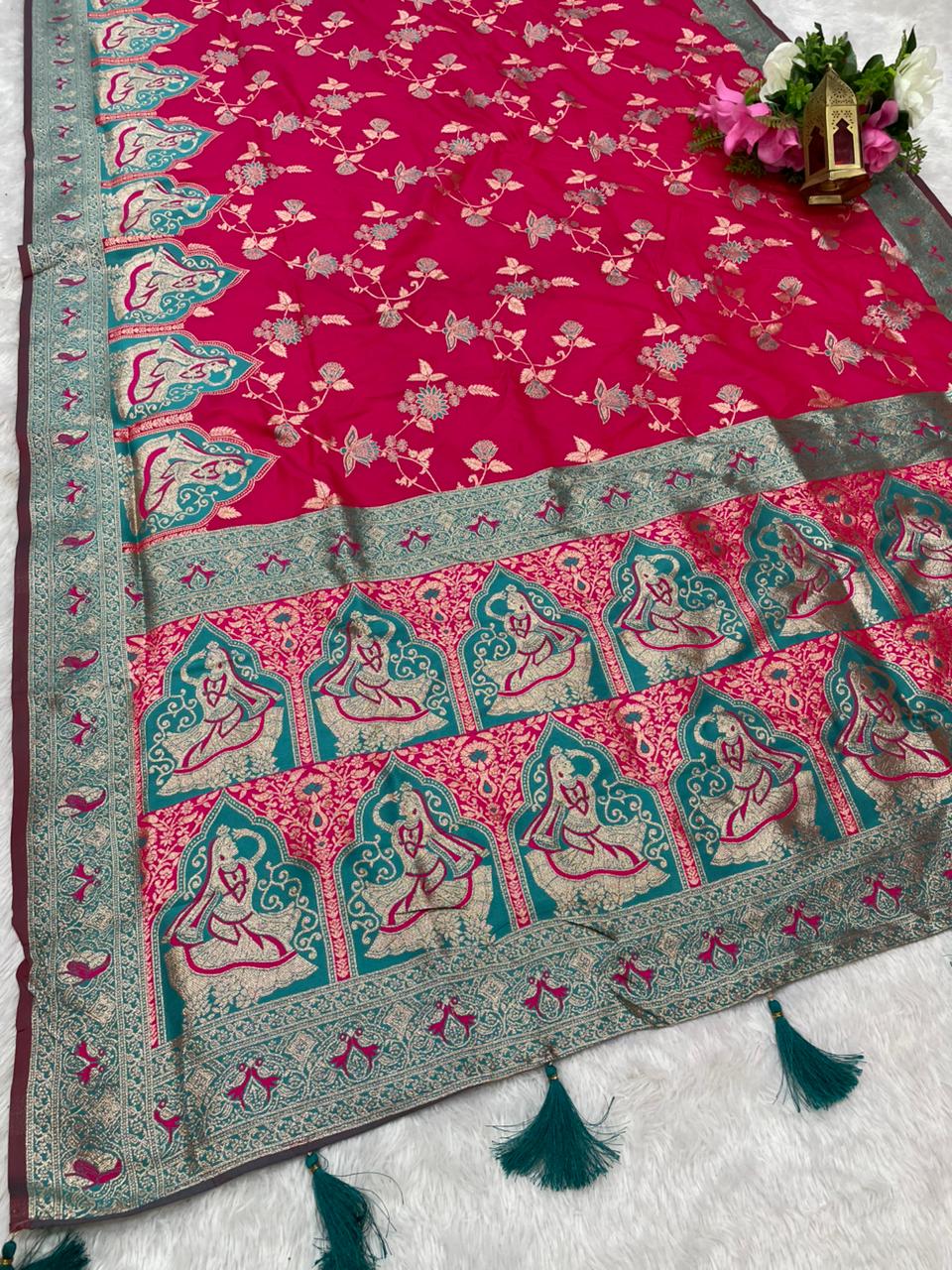 AJ-RANI SATI SOFT SILK FABRIC SAREE WITH BEAUTIFUL DESIGN WITH MEENAKARI WORK WITH BUTTI BLOUSE AND TASSELS
