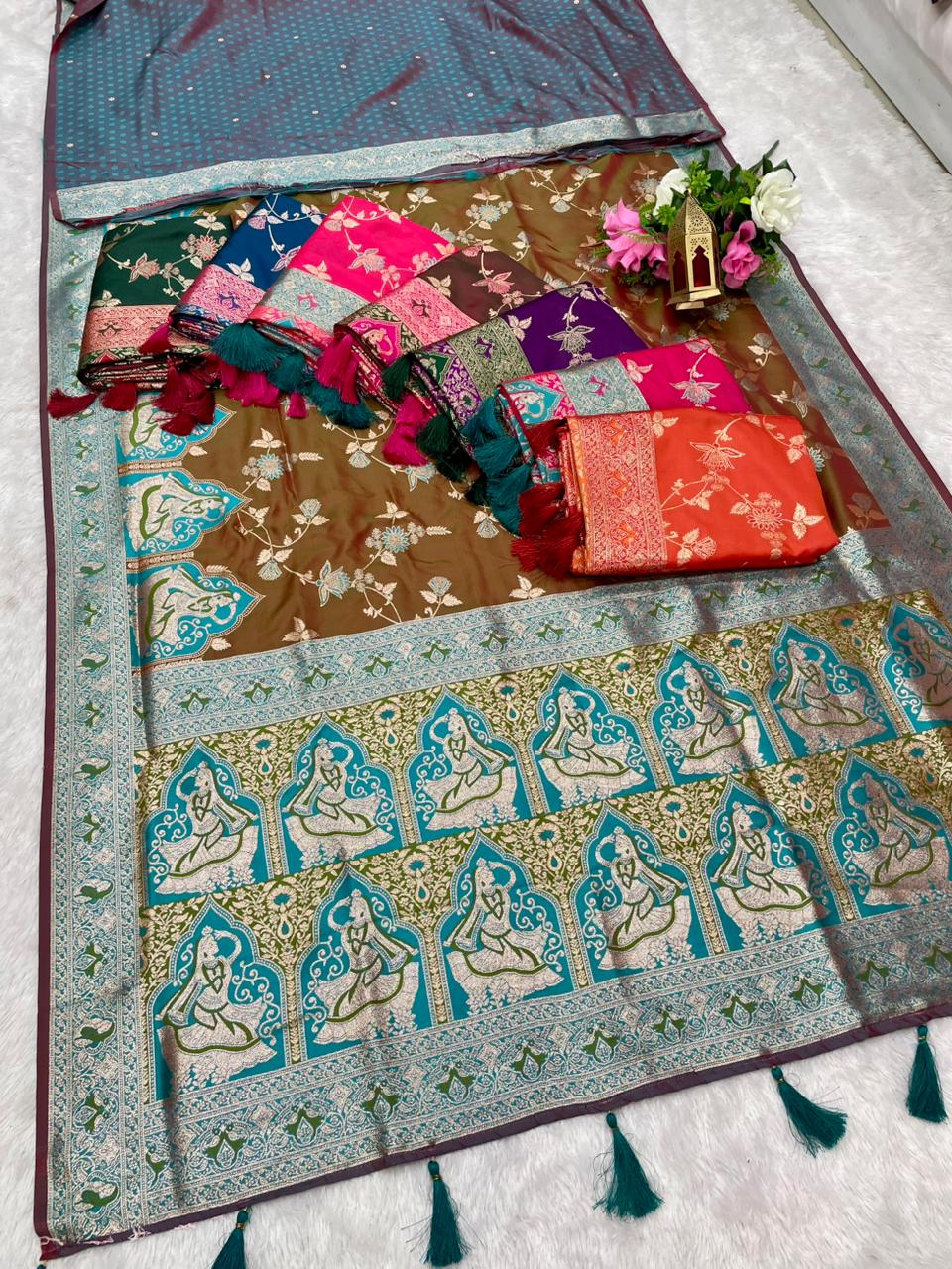 AJ-RANI SATI SOFT SILK FABRIC SAREE WITH BEAUTIFUL DESIGN WITH MEENAKARI WORK WITH BUTTI BLOUSE AND TASSELS