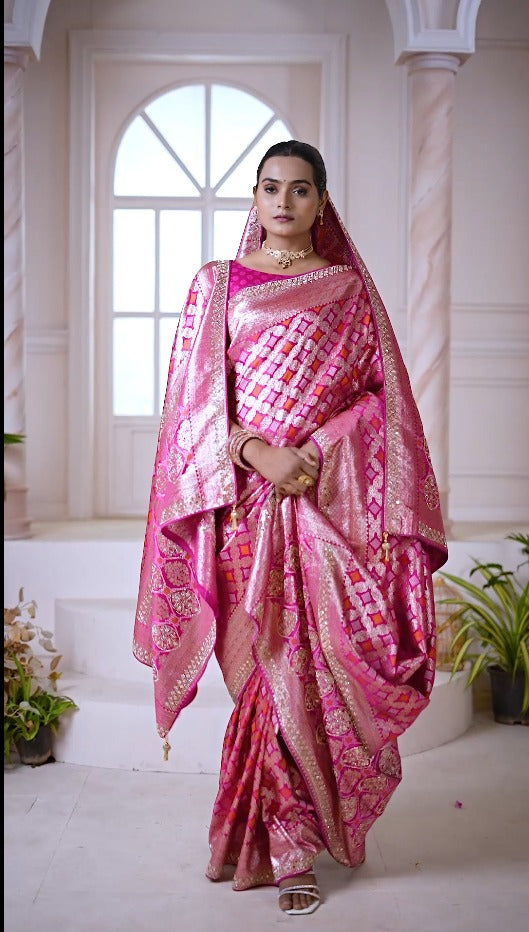 AJ-KESAR DUPATTA SATIN SILK SAREE WITH HEAVY JARKAN AND REAL MIRROR WORK WITH BANDANI DESIGN HEAVY SAREE WITH SUPER HEAVY TASSELS WITH HEAVY DUPATTA