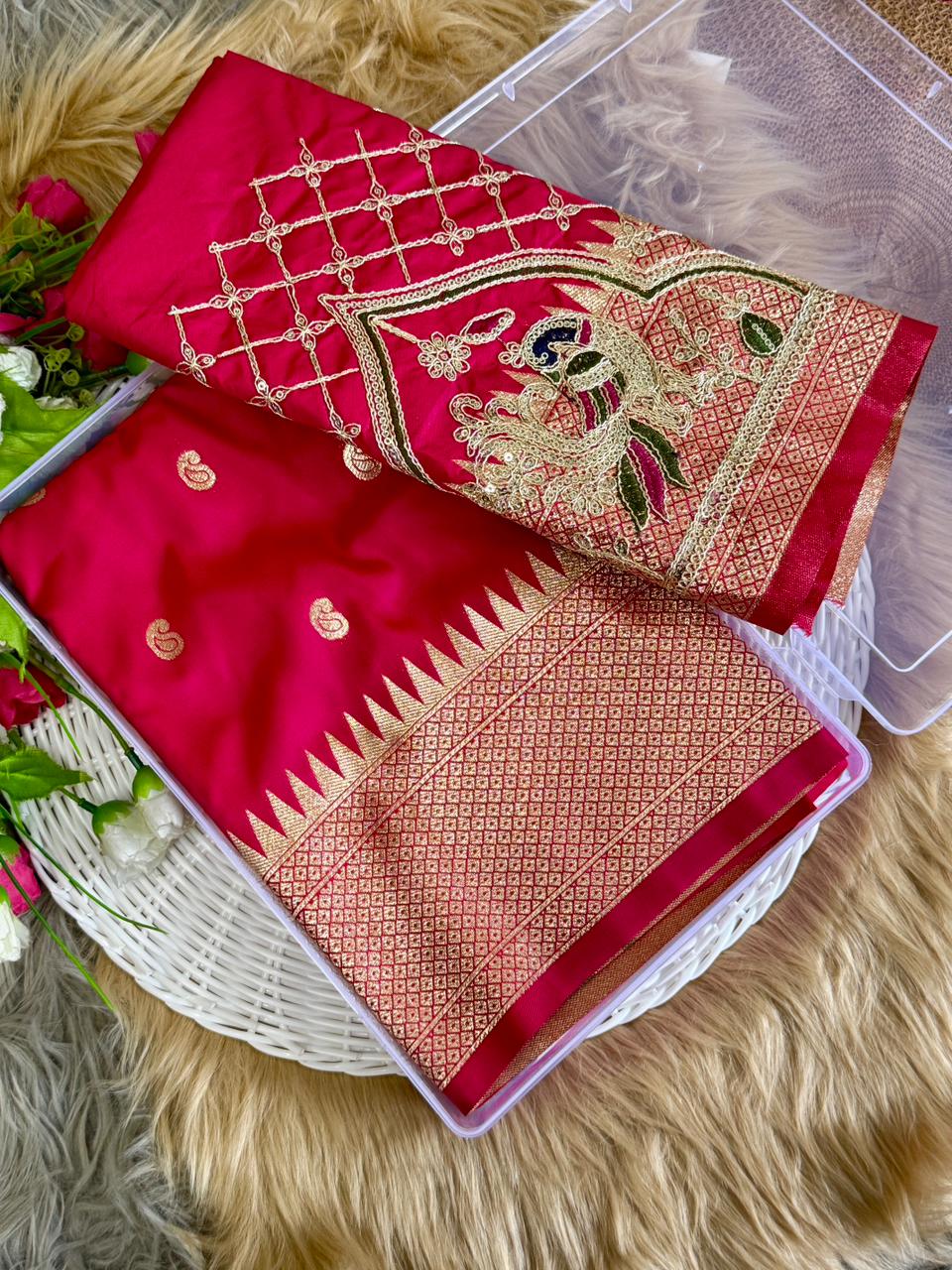 SA-7082 BANARASI SILK SAREE WITH PAITHANI PALLU WITH CARRY DESIGN ON PALLU WITH BEAUTIFUL HANDWORK BLOUSE