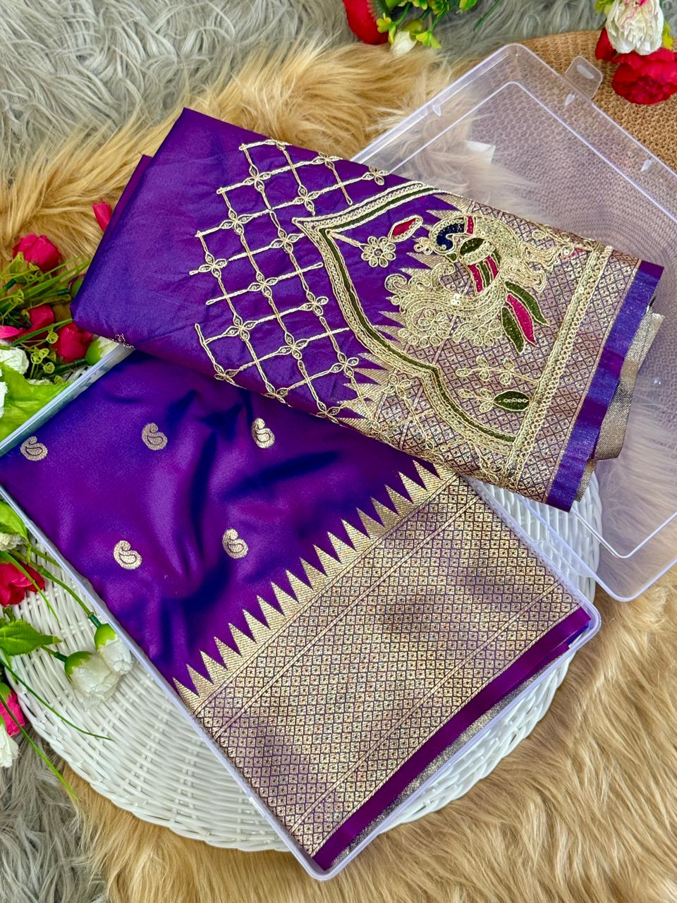 SA-7082 BANARASI SILK SAREE WITH PAITHANI PALLU WITH CARRY DESIGN ON PALLU WITH BEAUTIFUL HANDWORK BLOUSE