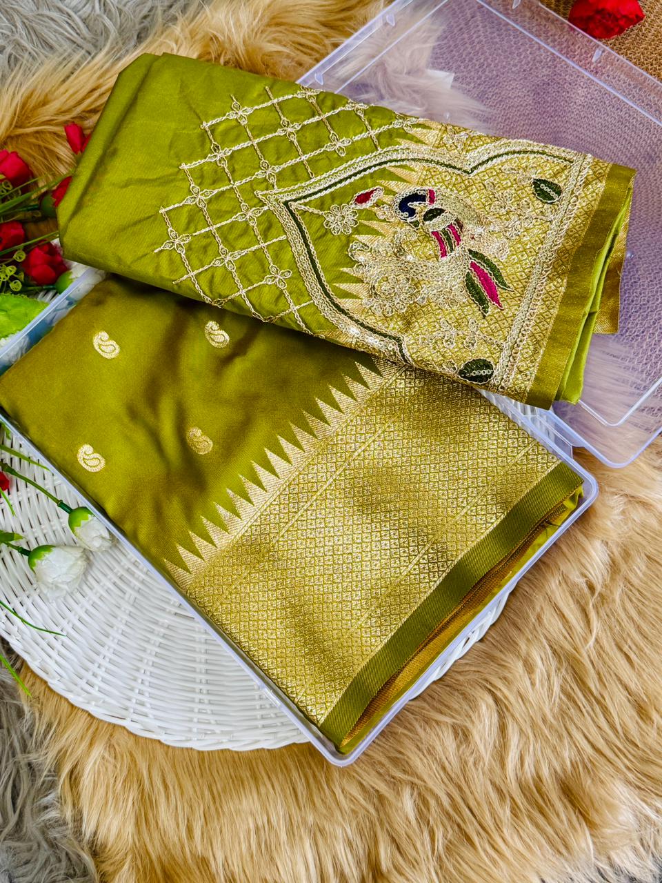 SA-7082 BANARASI SILK SAREE WITH PAITHANI PALLU WITH CARRY DESIGN ON PALLU WITH BEAUTIFUL HANDWORK BLOUSE