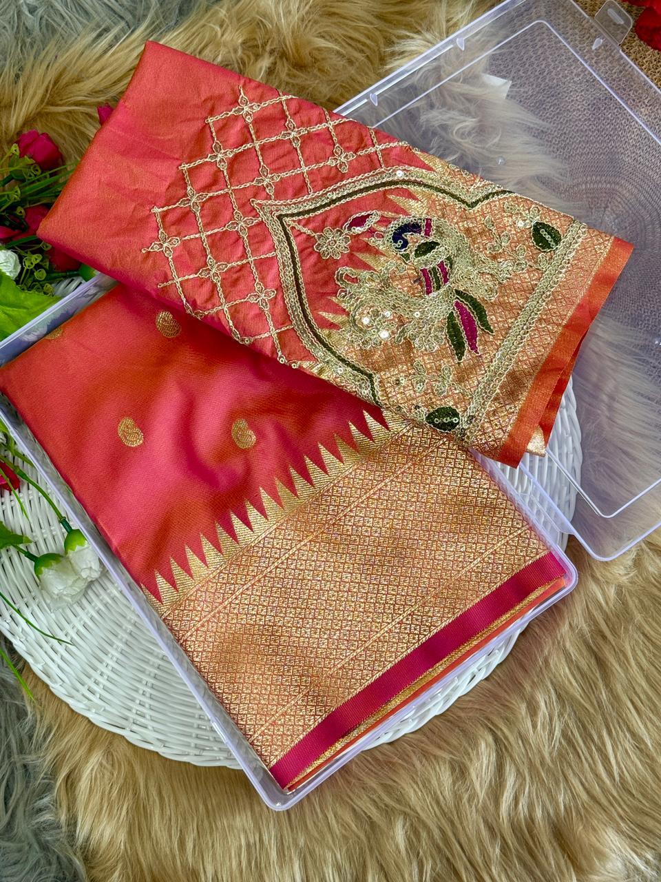 SA-7082 BANARASI SILK SAREE WITH PAITHANI PALLU WITH CARRY DESIGN ON PALLU WITH BEAUTIFUL HANDWORK BLOUSE