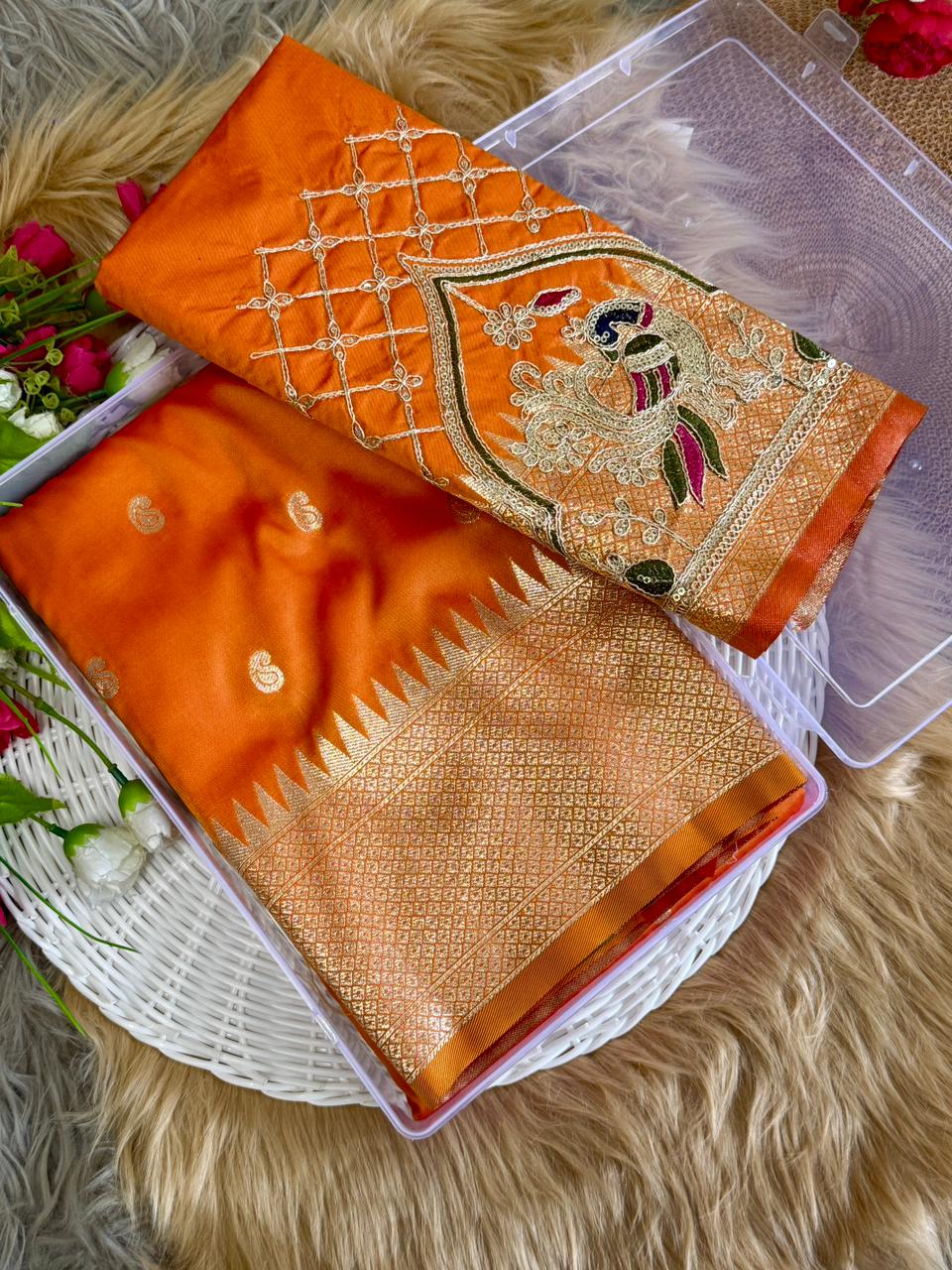 SA-7082 BANARASI SILK SAREE WITH PAITHANI PALLU WITH CARRY DESIGN ON PALLU WITH BEAUTIFUL HANDWORK BLOUSE