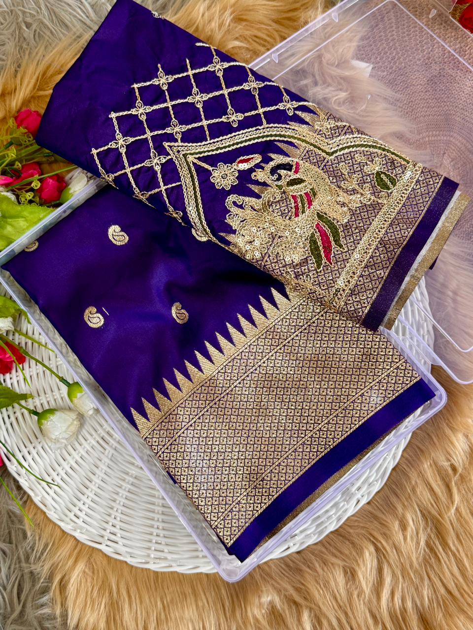SA-7082 BANARASI SILK SAREE WITH PAITHANI PALLU WITH CARRY DESIGN ON PALLU WITH BEAUTIFUL HANDWORK BLOUSE