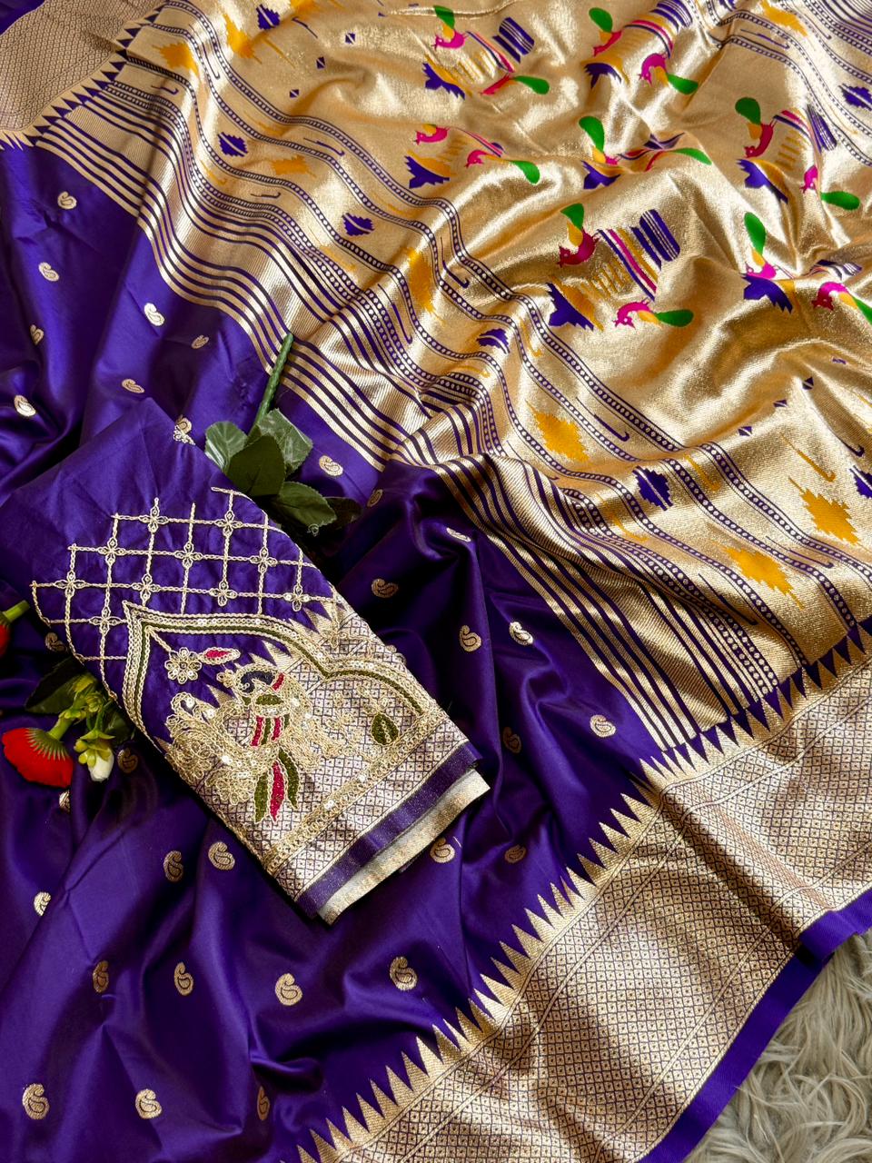 SA-7082 BANARASI SILK SAREE WITH PAITHANI PALLU WITH CARRY DESIGN ON PALLU WITH BEAUTIFUL HANDWORK BLOUSE