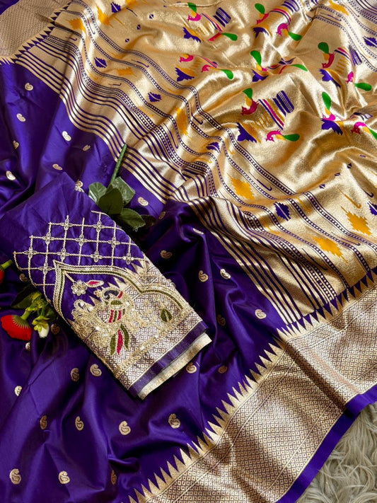 SA-7082 BANARASI SILK SAREE WITH PAITHANI PALLU WITH CARRY DESIGN ON PALLU WITH BEAUTIFUL HANDWORK BLOUSE