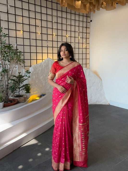 SA-7082 BANARASI SILK SAREE WITH PAITHANI PALLU WITH CARRY DESIGN ON PALLU WITH BEAUTIFUL HANDWORK BLOUSE